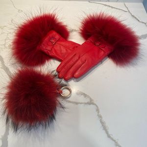 Red leather gloves with dyed Racoon trim @ matching purse or key fob.